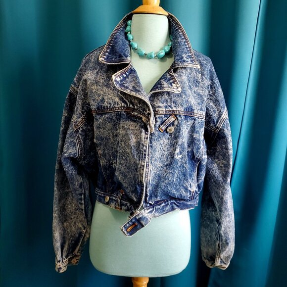 🔥Jordache Iconic 80s Acid Wash Denim Jacket | Wide Collar Cropped Oversized L🔥 - Picture 1 of 14